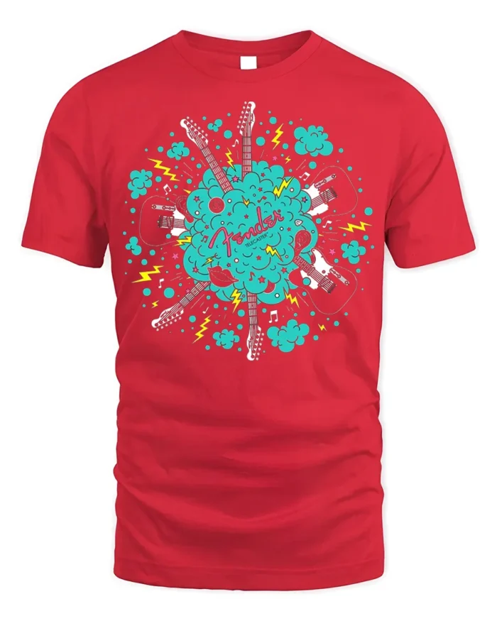 Fender Guitar Explosion T-Shirt for Music Lovers USA - red t-shirt on white background