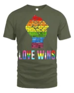 Love Wins Rainbow Pride Fist T-Shirt LGBTQ Equality - military green t-shirt on white background