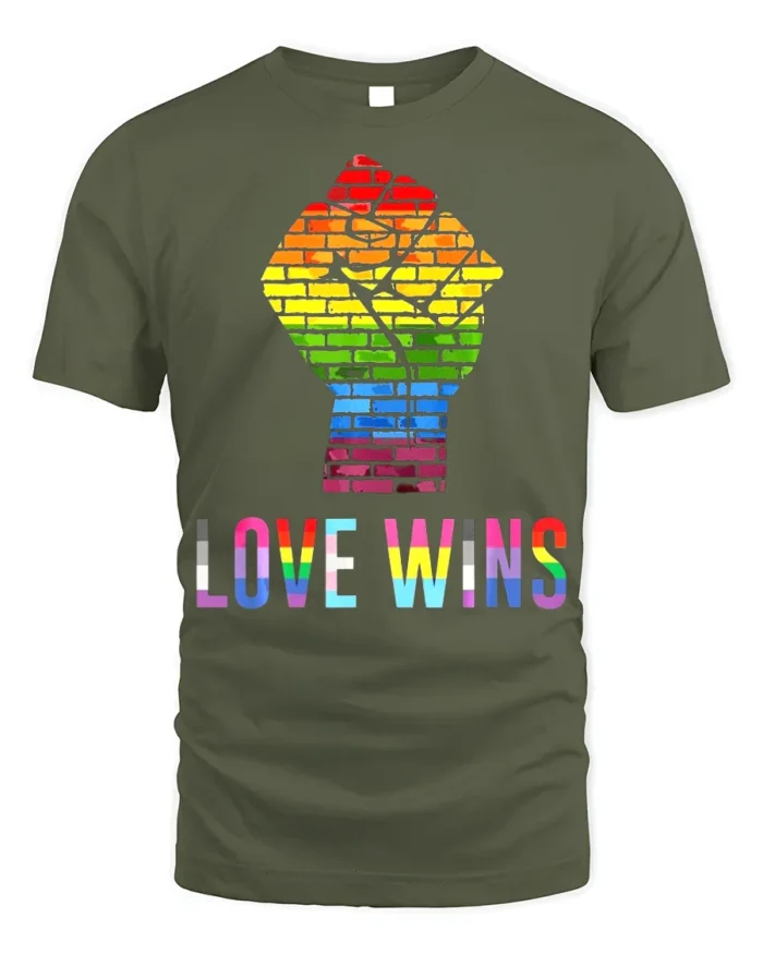 Love Wins Rainbow Pride Fist T-Shirt LGBTQ Equality - military green t-shirt on white background