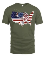 Patriotic USA Fishing T-shirt with American Flag Design - military green t-shirt on white background