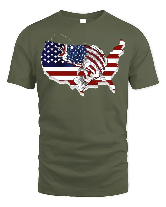 Patriotic USA Fishing T-shirt with American Flag Design - military green t-shirt on white background