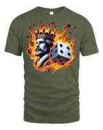 Flaming King Dice T-shirt - Bold Fire Crown Graphic - military green t-shirt on white background