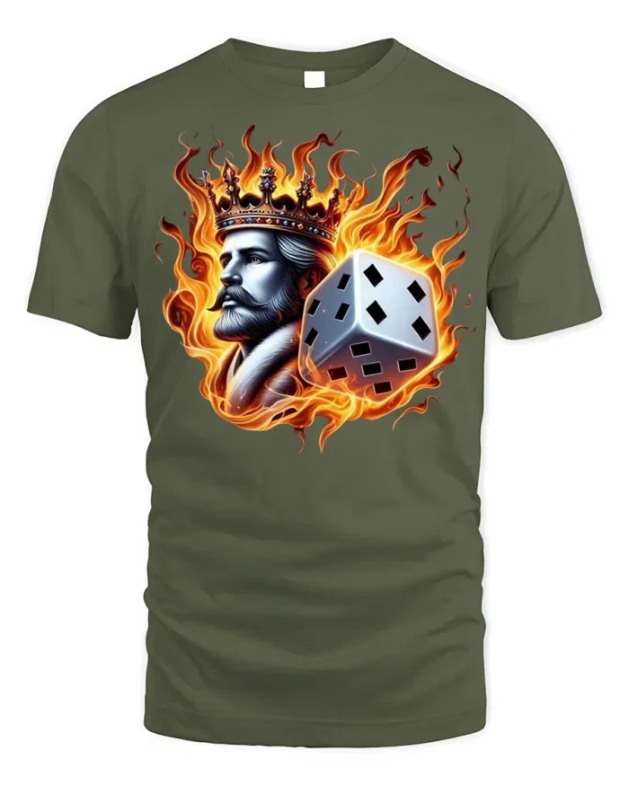 Flaming King Dice T-shirt - Bold Fire Crown Graphic - military green t-shirt on white background