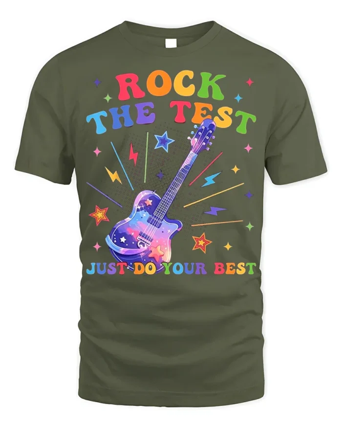 Rock the Test T-shirt Rainbow Guitar Motivational - military green t-shirt on white background