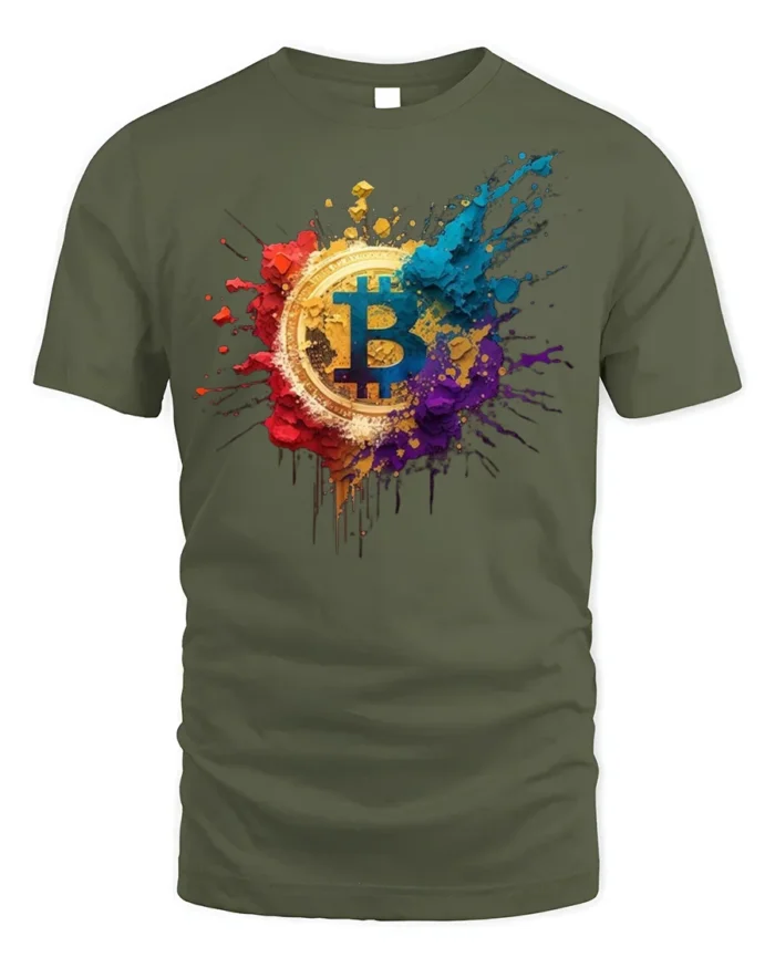 Color Splash Bitcoin T-shirt Crypto Art Lover - military green t-shirt on white background