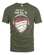 Music Heals T-shirt with Heart Headphones Design - military green t-shirt on white background