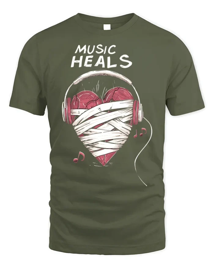Music Heals T-shirt with Heart Headphones Design - military green t-shirt on white background