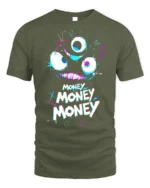 Funny Money Monster T-shirt Neon Greedy Face Graphic - military green t-shirt on white background