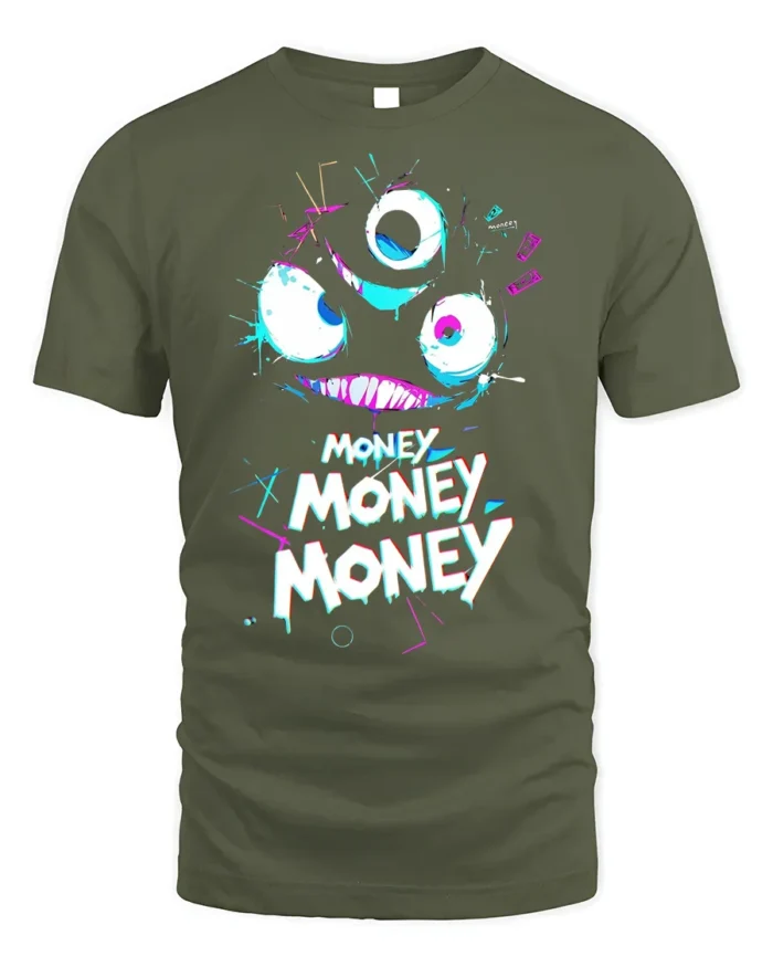 Funny Money Monster T-shirt Neon Greedy Face Graphic - military green t-shirt on white background