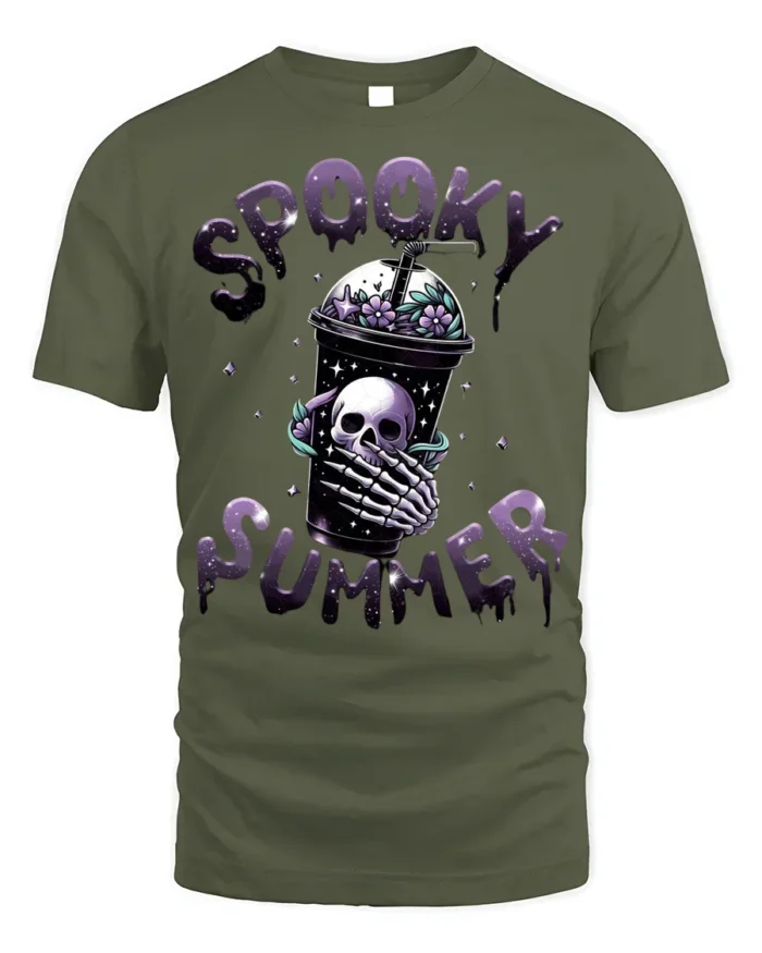 Spooky Summer Skeleton Drink T-Shirt Cute Goth Aesthetic - military green t-shirt on white background