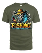 Skeleton Fishing T-Shirt Funny Grim Reaper Fisherman - military green t-shirt on white background