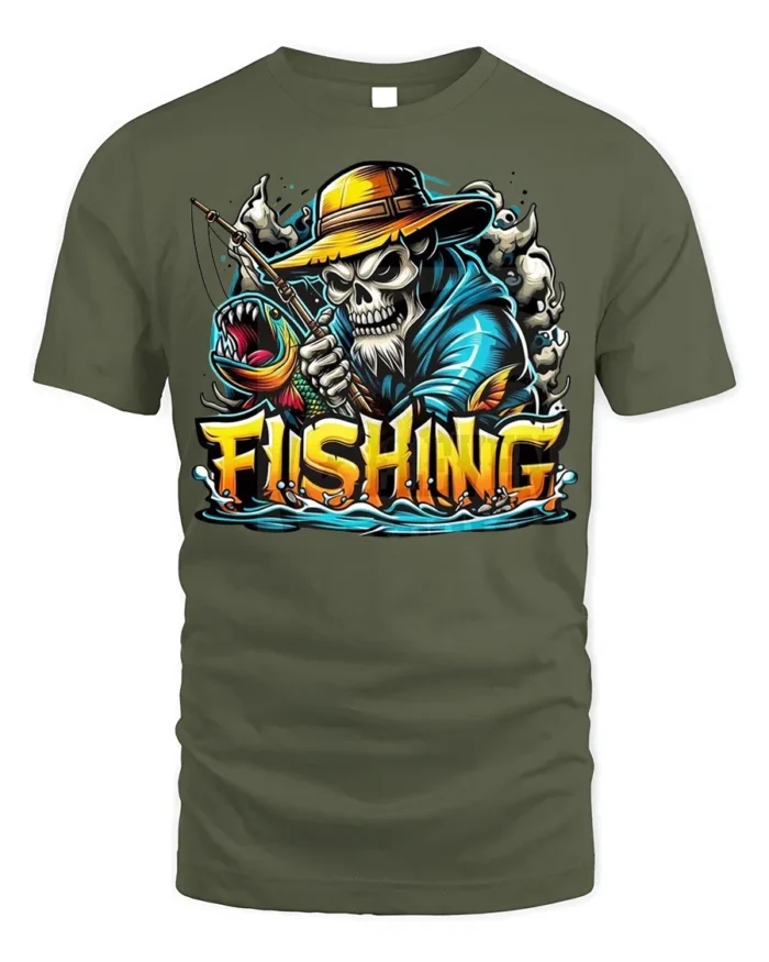Skeleton Fishing T-Shirt Funny Grim Reaper Fisherman - military green t-shirt on white background