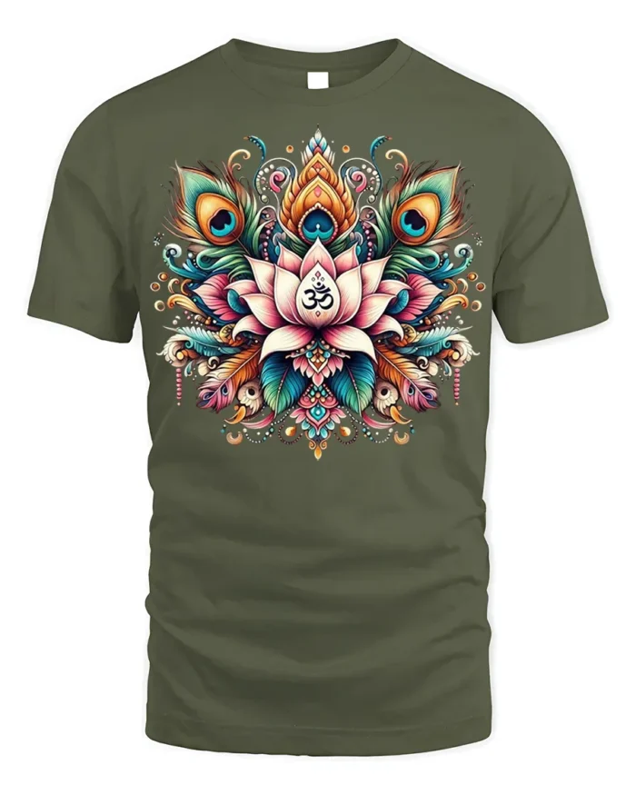 Spiritual Lotus Om Symbol T-Shirt with Peacock Design - military green t-shirt on white background