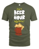 Funny Beer Hour Anytime T-Shirt with Mug Graphic Print - military green t-shirt on white background
