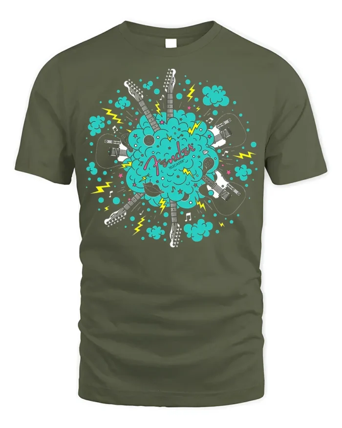 Fender Guitar Explosion T-Shirt for Music Lovers USA - military green t-shirt on white background