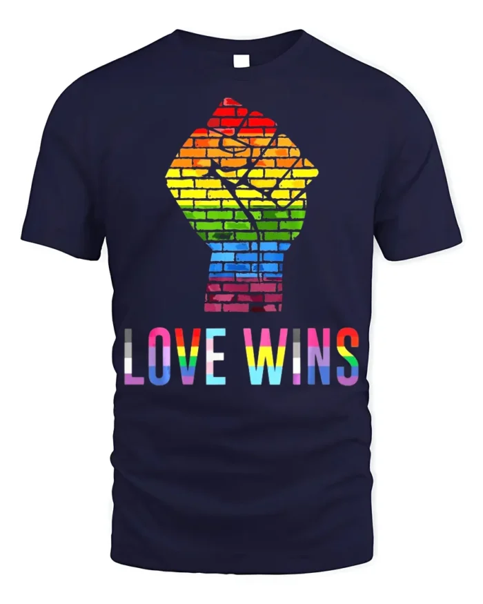 Love Wins Rainbow Pride Fist T-Shirt LGBTQ Equality - navy t-shirt on white background