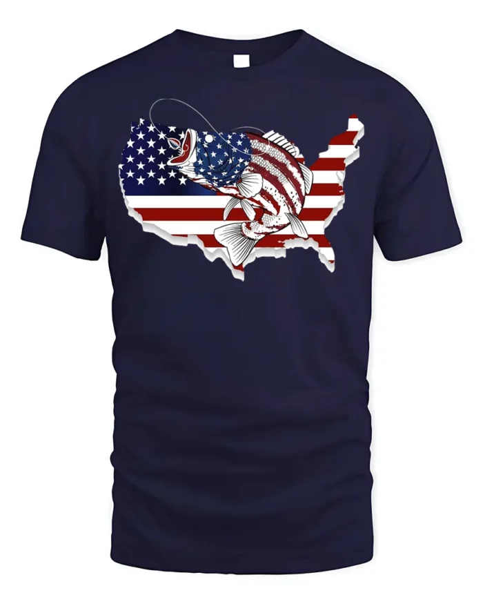 Patriotic USA Fishing T-shirt with American Flag Design - navy t-shirt on white background
