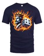 Flaming King Dice T-shirt - Bold Fire Crown Graphic - navy t-shirt on white background
