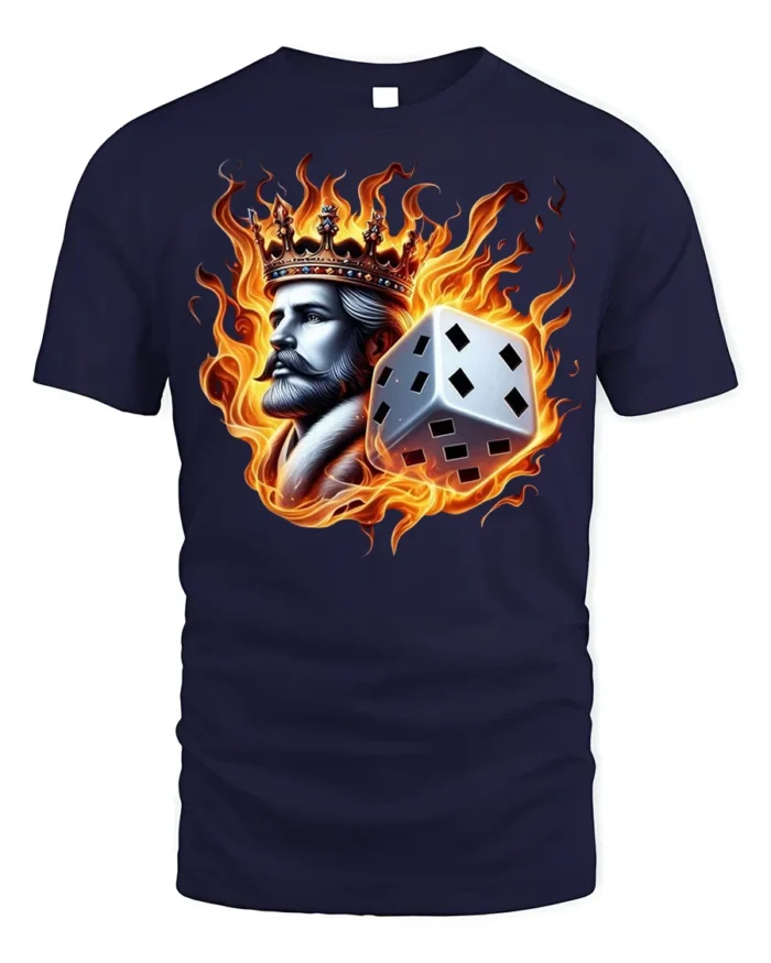 Flaming King Dice T-shirt - Bold Fire Crown Graphic - navy t-shirt on white background