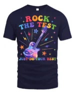 Rock the Test T-shirt Rainbow Guitar Motivational - navy t-shirt on white background
