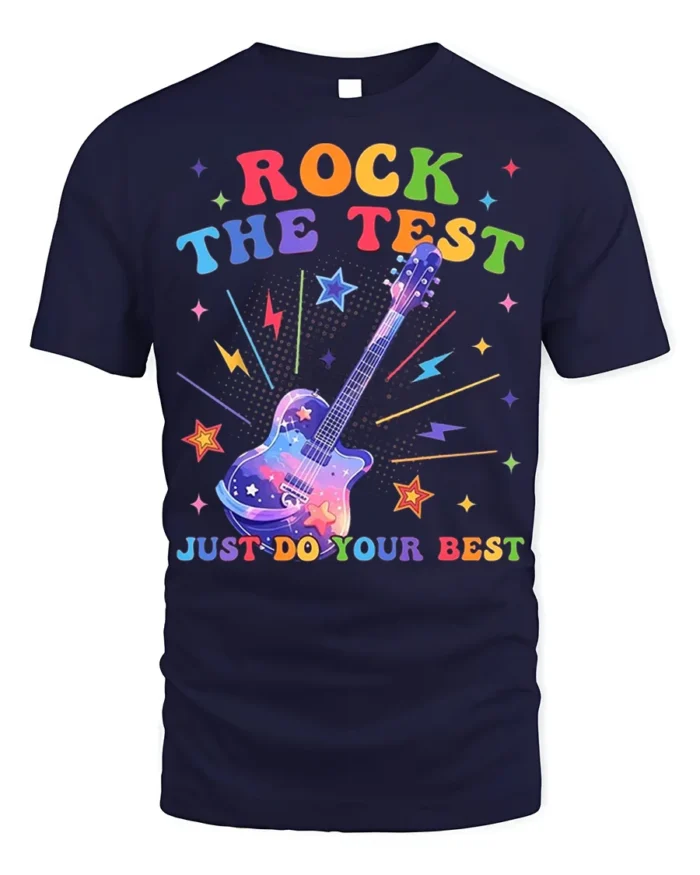 Rock the Test T-shirt Rainbow Guitar Motivational - navy t-shirt on white background
