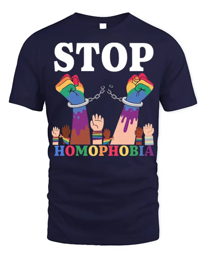 Stop Homophobia T-shirt LGBTQ Pride Equality Protest - navy t-shirt on white background