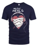 Music Heals T-shirt with Heart Headphones Design - navy t-shirt on white background