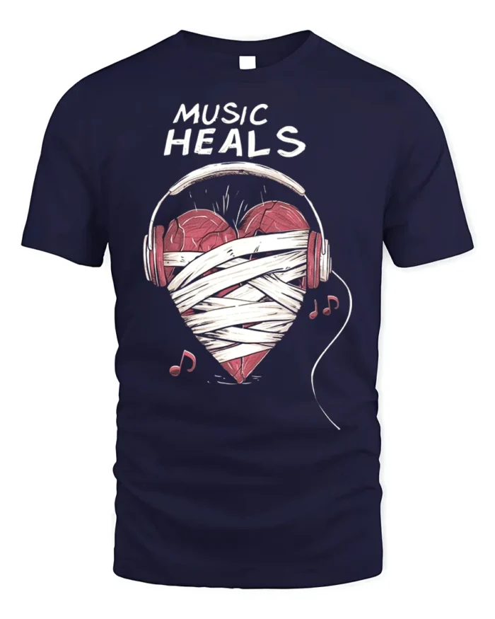 Music Heals T-shirt with Heart Headphones Design - navy t-shirt on white background