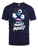 Funny Money Monster T-shirt Neon Greedy Face Graphic - navy t-shirt on white background