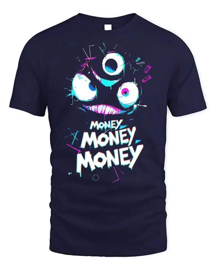 Funny Money Monster T-shirt Neon Greedy Face Graphic - navy t-shirt on white background
