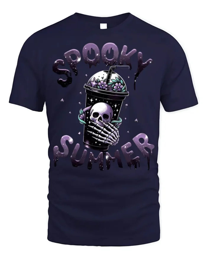 Spooky Summer Skeleton Drink T-Shirt Cute Goth Aesthetic - navy t-shirt on white background