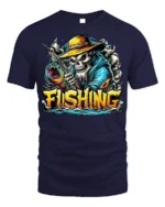 Skeleton Fishing T-Shirt Funny Grim Reaper Fisherman - navy t-shirt on white background