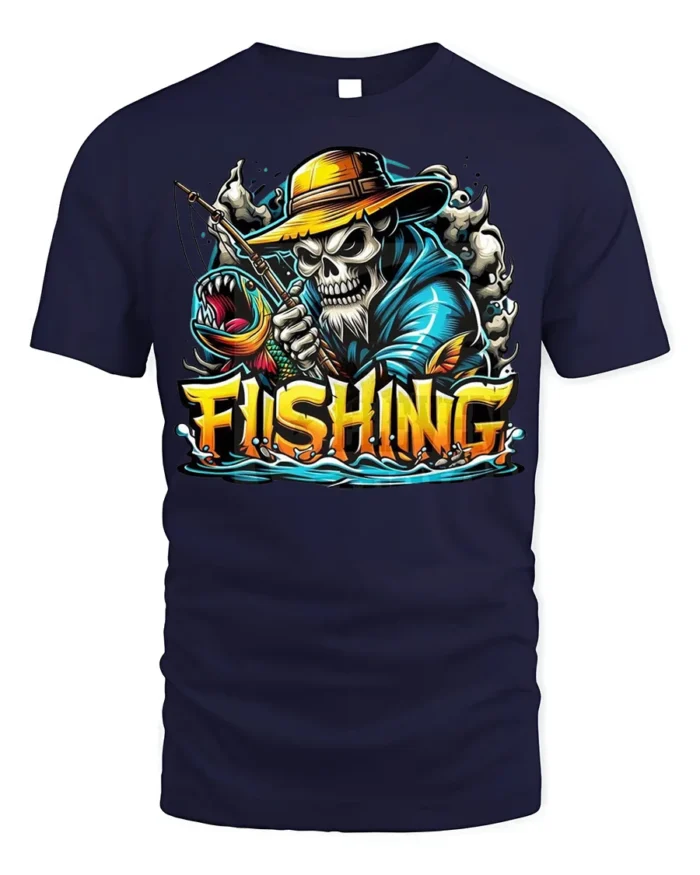 Skeleton Fishing T-Shirt Funny Grim Reaper Fisherman - navy t-shirt on white background