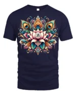 Spiritual Lotus Om Symbol T-Shirt with Peacock Design - navy t-shirt on white background