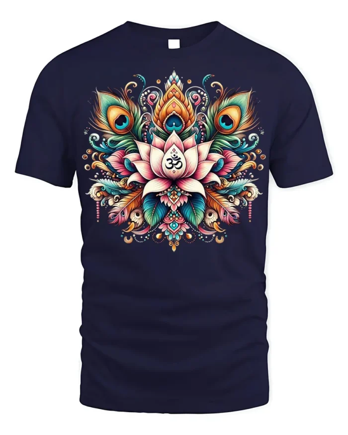 Spiritual Lotus Om Symbol T-Shirt with Peacock Design - navy t-shirt on white background