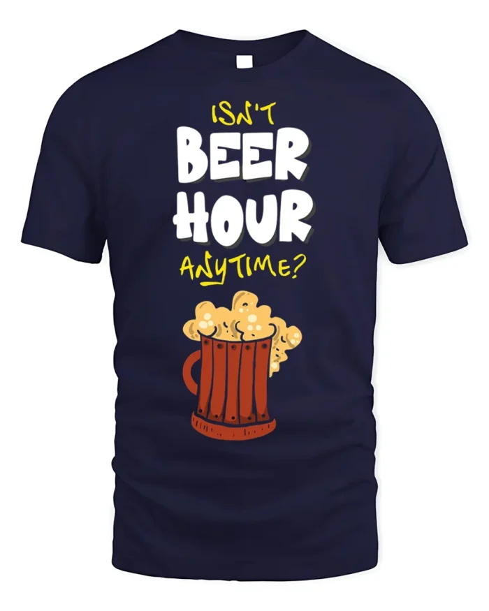 Funny Beer Hour Anytime T-Shirt with Mug Graphic Print - navy t-shirt on white background