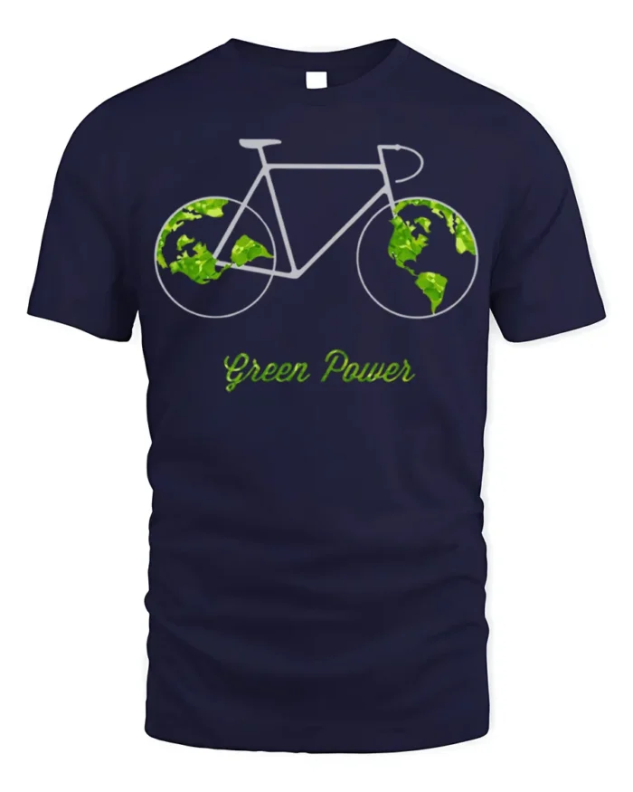 Green Power Bicycle Earth T-Shirt for Eco-Friendly Riders - navy t-shirt on white background
