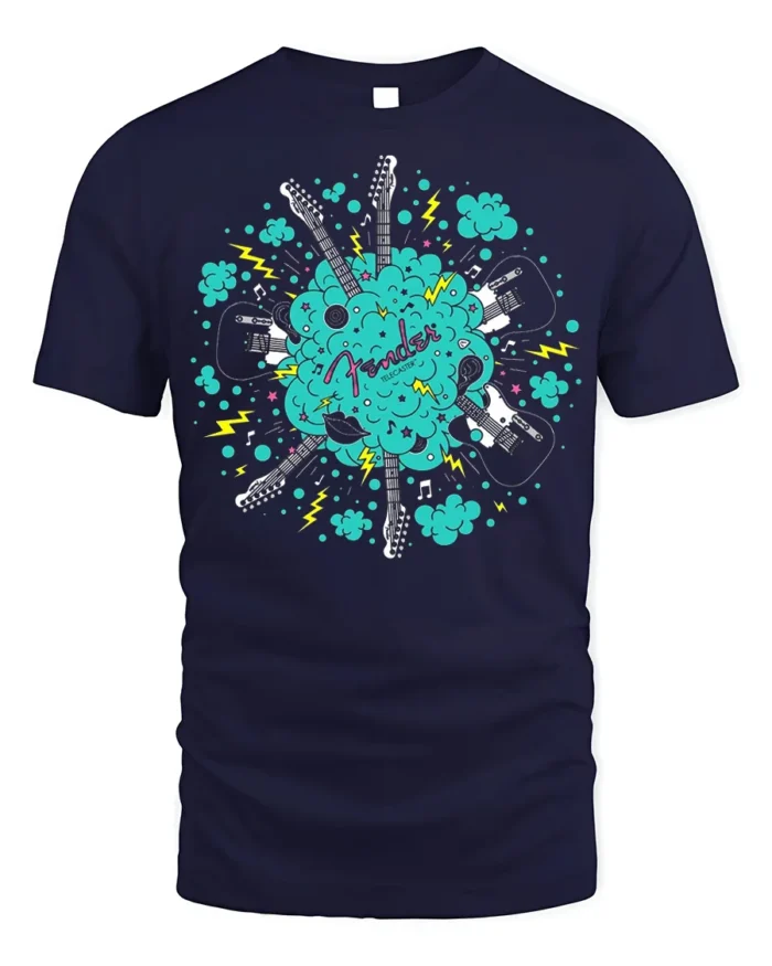 Fender Guitar Explosion T-Shirt for Music Lovers USA - navy t-shirt on white background