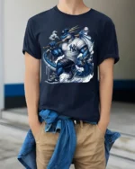 Fierce Dragon Baseball Warrior T-shirt for Sports Fans - model wearing navy shirt, hands in pockets