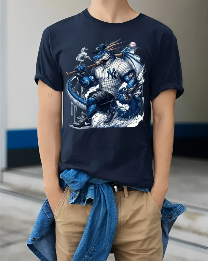 Fierce Dragon Baseball Warrior T-shirt for Sports Fans - model wearing navy shirt, hands in pockets