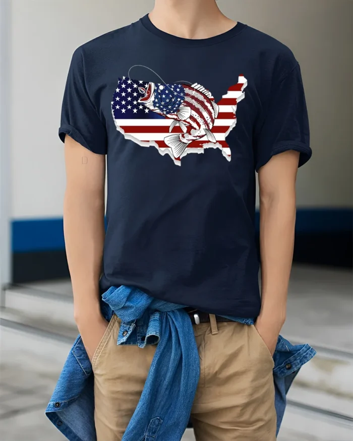 Patriotic USA Fishing T-shirt with American Flag Design - model wearing navy shirt, hands in pockets
