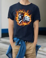 Flaming King Dice T-shirt - Bold Fire Crown Graphic - model wearing navy shirt, hands in pockets