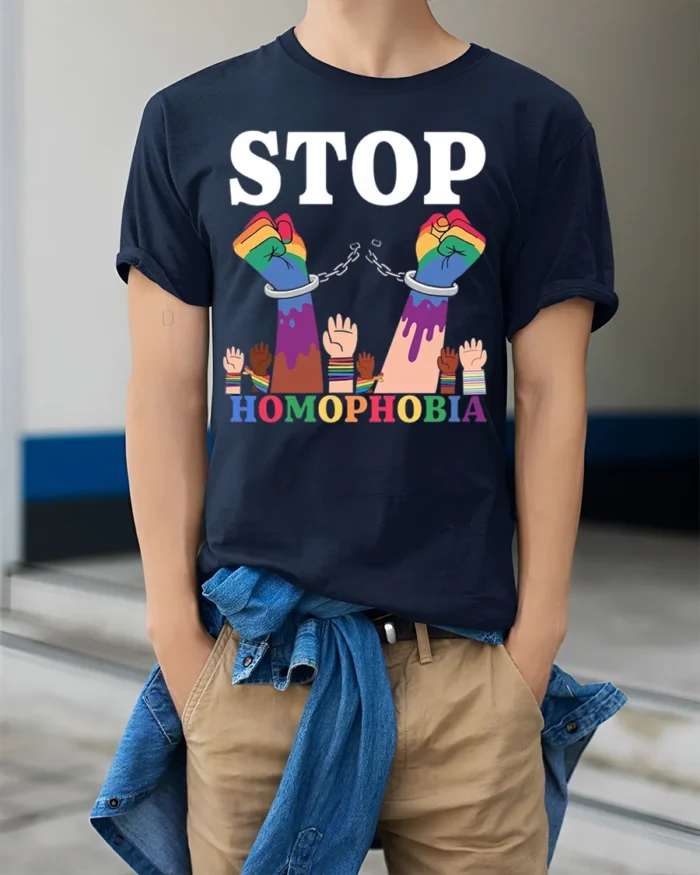 Stop Homophobia T-shirt LGBTQ Pride Equality Protest - model wearing navy shirt, hands in pockets
