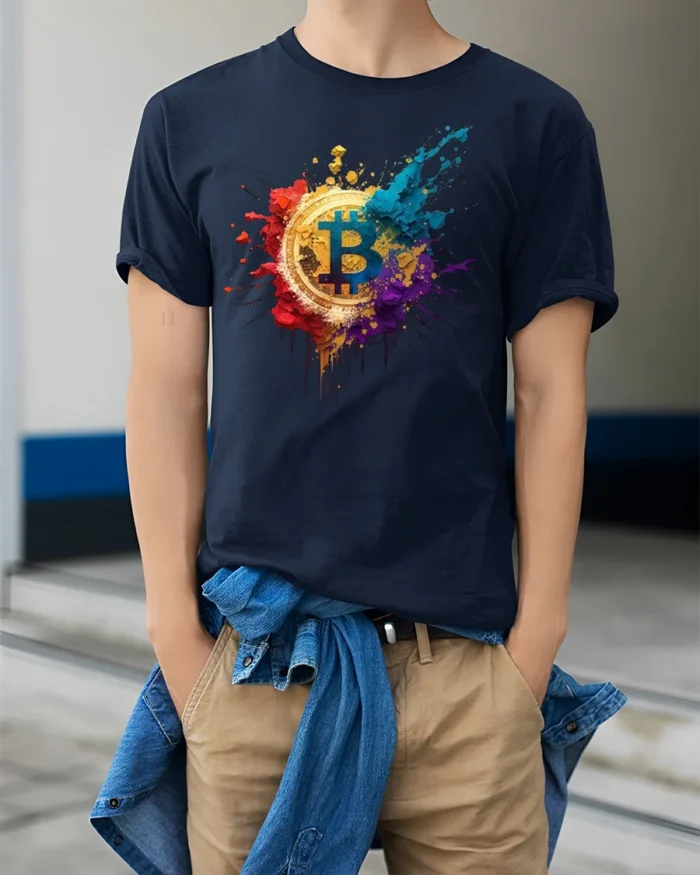Color Splash Bitcoin T-shirt Crypto Art Lover - model wearing navy shirt, hands in pockets