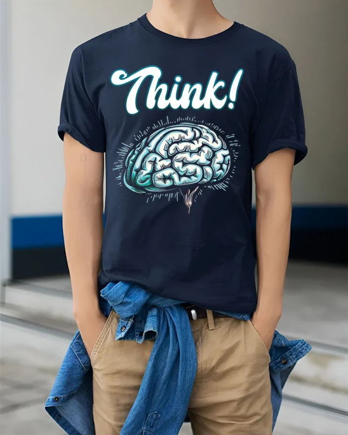 Think Brain T-shirt Intellectual Graphic Tee for Minds - model wearing navy shirt, hands in pockets