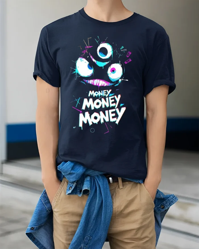 Funny Money Monster T-shirt Neon Greedy Face Graphic - model wearing navy shirt, hands in pockets