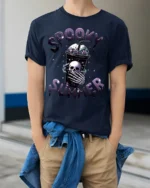 Spooky Summer Skeleton Drink T-Shirt Cute Goth Aesthetic - model wearing navy shirt, hands in pockets