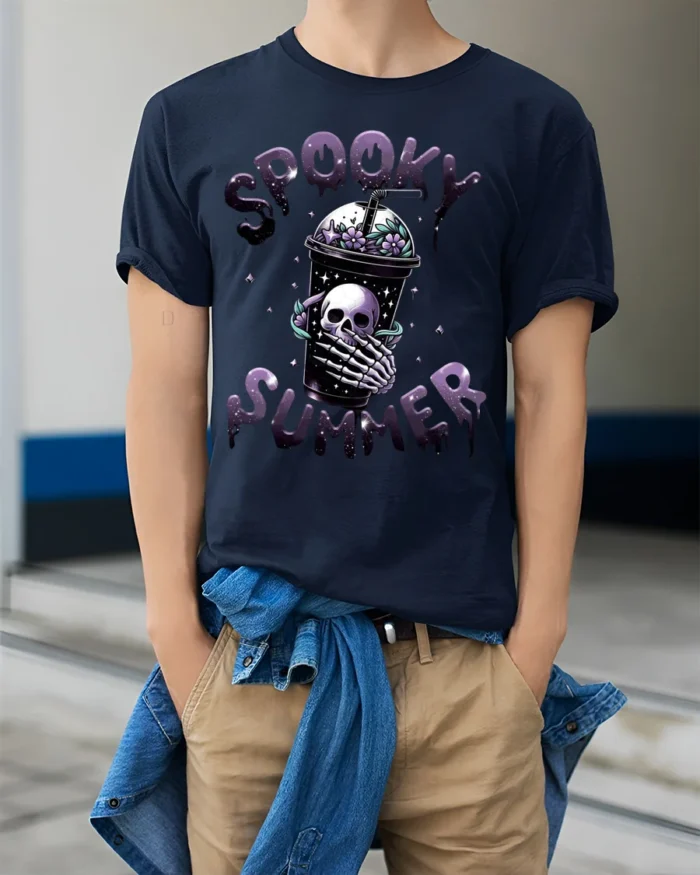 Spooky Summer Skeleton Drink T-Shirt Cute Goth Aesthetic - model wearing navy shirt, hands in pockets