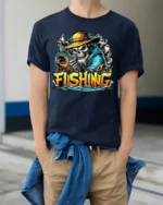 Skeleton Fishing T-Shirt Funny Grim Reaper Fisherman - model wearing navy shirt, hands in pockets