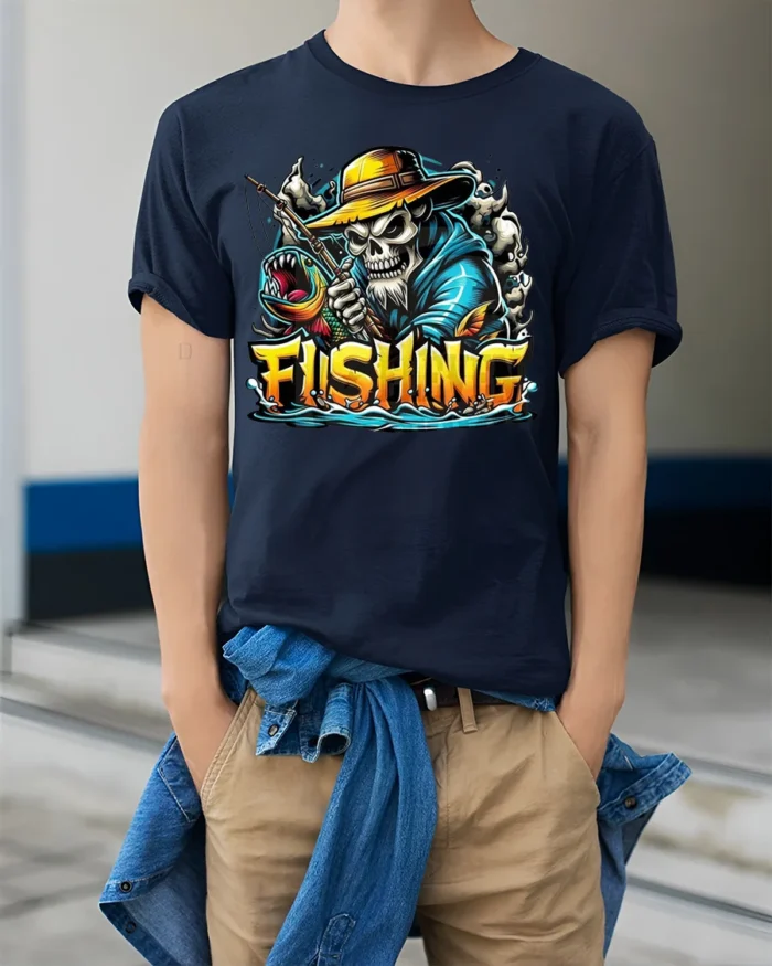 Skeleton Fishing T-Shirt Funny Grim Reaper Fisherman - model wearing navy shirt, hands in pockets
